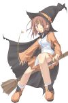  1girl broom broom_riding brown_eyes brown_hair eyes_visible_through_hair hair_ornament hairclip hat ninokawa_magamo sidesaddle simple_background solo white_background witch witch_hat 