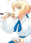  1girl ahoge blonde_hair blouse blush bow bowtie chopsticks eating fate/stay_night fate_(series) fingernails food food_on_face green_eyes hair_ribbon hota one_eye_closed ribbon rice rice_on_face saber sidelocks simple_background solo white_background white_blouse 