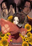  00s 1girl 2boys agasang black_hair brown_hair copyright_name earrings face flower fuu glasses japanese_clothes jewelry jinnosuke kimono looking_at_viewer mugen multiple_boys ponytail samurai_champloo short_hair sunflower 