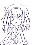  1girl :&lt; chibi face frown monochrome nakamura_kusata o_o parody purple school_uniform serafuku solo suzumiya_haruhi suzumiya_haruhi_no_yuuutsu 
