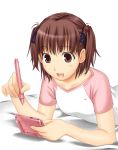  aihara_nana bed big_wednesday brown_eyes brown_hair kimi_kiss lying raglan_sleeves short_hair stylus twintails 