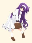  00s 1girl bag frapowa hairband holding_bag leaning_forward long_hair looking_at_viewer lyrical_nanoha mahou_shoujo_lyrical_nanoha pigeon-toed pink_background purple_hair school_bag school_uniform serafuku simple_background solo tsukimura_suzuka very_long_hair 