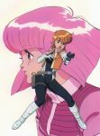  2girls 80s android belt blue_eyes bodysuit boots catty earrings elbow_gloves fighting_stance gall_force gloves gun handgun holster jewelry knee_boots long_hair multiple_girls oldschool one_eye_closed orange_eyes orange_hair pink_hair pistol rabby short_hair simple_background sonoda_ken&#039;ichi thigh_strap turtleneck uniform vest weapon wink 