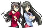 00s 2girls black_hair bow crossed_arms crossover fate/stay_night fate_(series) green_eyes hair_bow hairband hand_on_own_chest long_hair multiple_girls naruse_hirofumi tohno_akiha tohsaka_rin tsukihime turtleneck very_long_hair 