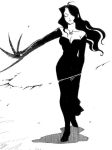  00s 1girl arakawa_hiromu bare_shoulders black_dress black_gloves black_hair blood breasts cleavage closed_eyes dress fullmetal_alchemist gloves hair_over_one_eye homunculus long_hair lust monochrome official_art ouroboros sleeveless sleeveless_dress solo strapless strapless_dress tattoo wavy_hair 