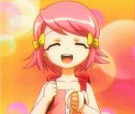  1girl animated animated_gif banana bow eating food fruit holding holding_fruit kage_kara_mamoru! konnyaku_yuuna lowres pink_hair redhead screencap solo younger 