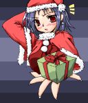  1girl blue_hair blush doukutsu_monogatari earrings gift hat holding holding_gift incoming_gift jewelry lowres misery oekaki red_eyes santa_costume santa_hat solo upper_body 