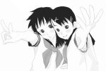  2girls black_hair foreshortening hug looking_at_viewer monochrome multiple_girls school_uniform serafuku short_hair short_sleeves smile v 