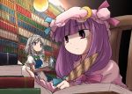  2girls book bow cup expressionless female izayoi_sakuya library looking_away maid mizumoto_tadashi multiple_girls patchouli_knowledge pink_bow quill sitting teapot touhou tray voile writing 