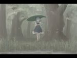  1girl blue_hair bow cirno female forest grass hair_bow hair_over_eyes leaf_umbrella letterboxed lowres nature outdoors plant rain short_hair solo standing takuzui the_embodiment_of_scarlet_devil touhou umbrella wings 