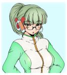  1girl :o bangs blue_background blunt_bangs blush bodysuit breasts ear_covers green-framed_glasses green_eyes green_hair half-closed_eyes hands_on_hips high_ponytail homeko jumpsuit large_breasts long_hair long_sleeves looking_at_viewer mole mole_under_eye open_mouth os-tan ponytail simple_background solo track_suit turtleneck upper_body xp_home-tan xphome 