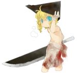  1boy blonde_hair blood blue_eyes drill_hair gloves helmet male_focus pyramid_head shirtless silent_hill silent_hill_2 simple_background solo sword weapon younger 