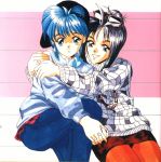  2girls 90s :d ayako_katagiri backwards_hat bangs baseball_cap black_eyes black_hair blue_eyes blue_hair denim fingernails glasses_on_head hair_bun hands_clasped hat hug interlocked_fingers jeans jewelry katagiri_ayako kokura_masashi konami long_sleeves looking_at_viewer miniskirt multiple_girls necklace nijino_saki official_art oldschool open_mouth pants pantyhose pencil_skirt red_legwear saki_nijino scan sidelocks skirt smile sweater tokimeki_memorial tokimeki_memorial_1 