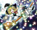  1girl aozora_market blonde_hair bow braid broom broom_riding female full_body glowing gradient gradient_background hair_bow hand_on_headwear hat kirisame_marisa mary_janes open_mouth petticoat shoes sidesaddle solo star touhou witch witch_hat yellow_eyes 