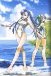  2girls aika_granzchesta alice_carroll amano_kozue aria barefoot beach blue_hair casual_one-piece_swimsuit feet green_hair long_hair looking_back multiple_girls ocean one-piece_swimsuit outstretched_arms ponytail reflection scan spread_arms swimsuit toes tree twintails wading water waves 