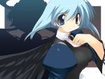  1girl angel black_wings blue_eyes blue_hair from_side hand_on_own_chest kamyu solo turtleneck utawareru_mono wallpaper wings 