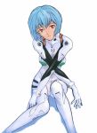  1girl ayanami_rei bangs blue_hair bodysuit bracer breasts crossed_arms expressionless gloves head_tilt headgear looking_at_viewer neon_genesis_evangelion number official_art pilot_suit plugsuit red_eyes shadow short_hair signature simple_background sitting skinny small_breasts solo suzuki_shunji white_background 