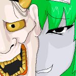  1girl aliasing bangs black_eyes face green_hair grin hannya iya_maid looking_at_viewer lowres mask original smile solo 