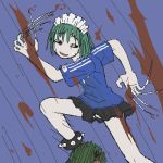  1girl aliasing blood claws creature fingernails iya_maid long_fingernails lowres maid_headdress marimo miniskirt neji_(futaba) original rain shirt skirt solo t-shirt violence 