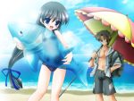  1boy 1girl :d artist_request beach beach_umbrella black_eyes black_hair blue_eyes brown_hair copyright_request game_cg glasses hair_over_one_eye hair_ribbon hand_on_hip inflatable_orca inflatable_toy long_hair low-tied_long_hair male_swimwear ocean one-piece_swimsuit one_eye_closed open_clothes open_mouth open_shirt orca ribbon school_swimsuit shirt short_hair smile swim_trunks swimsuit swimwear tied_hair umbrella very_long_hair water wink 