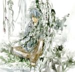  1boy barefoot ginko grey_eyes hair_over_one_eye looking_at_viewer male_focus mushishi nature short_hair silver_hair solo 