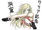  1girl blonde_hair blue_eyes breasts crop_top curly_brace doukutsu_monogatari dual_wielding gun handgun hands_on_hips headset lowres m1911 midriff navel oekaki pistol sideboob solo translated weapon 