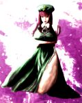  1girl bare_legs braid breast_hold cropped_legs crossed_arms dress expressionless female green_dress hat hong_meiling long_hair looking_at_viewer redhead short_sleeves side_slit solo standing star touhou twin_braids 