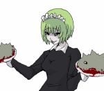  1girl aliasing black_eyes blood bob_cut dress dual_wielding green_hair iya_maid looking_at_viewer lowres maid maid_headdress marimo oekaki original short_hair simple_background smile solo tray white_background wrist_cuffs 