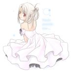  1girl bare_shoulders blonde_hair dress fate/stay_night fate_(series) from_behind illyasviel_von_einzbern kannuki_hisui looking_at_viewer looking_back red_eyes simple_background sitting solo white_background white_dress 