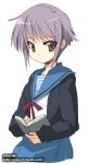  book brown_eyes cardigan grey_hair nagato_yuki oekaki onija_tarou reading school_uniform serafuku short_hair suzumiya_haruhi_no_yuuutsu 