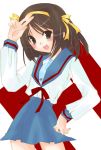  1girl bad_anatomy brown_hair h ll_(artist) poorly_drawn school_uniform serafuku short_hair solo suzumiya_haruhi suzumiya_haruhi_no_yuuutsu 