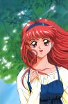  1girl 90s :d bangs blush casual collarbone cropped fingernails fujisaki_shiori hairband happy headband highres kokura_masashi konami long_hair long_sleeves looking_at_viewer official_art oldschool open_mouth red_eyes redhead scan smile solo tokimeki_memorial tokimeki_memorial_1 tree upper_body wind 