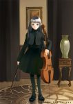  1girl artist_name black_hair cello curtains instrument interior long_hair original painting_(object) pantyhose shiina_yuu solo standing table vase 