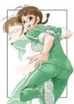  ahoge akizuki_ritsuko braid brown_eyes brown_hair glasses gym_uniform hida_tatsuo idolmaster looking_back open_mouth running single_vertical_stripe sleeves_rolled_up smile track_suit twin_braids 