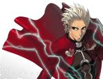  1boy archer brown_eyes character_name dark_skin dark_skinned_male fate/stay_night fate_(series) lightning male_focus morii_shizuki solo white_hair 