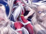  1boy angry antlers beard belt boots christmas christmas_present facial_hair game_cg glowing glowing_eyes hand_on_hip hat hips lord_of_santa male_focus muscle night reindeer ribahara_aki santa_claus santa_costume santa_hat scar solo star teeth tongue what white_hair 