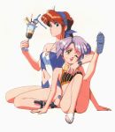  2girls 80s ;p android bikini blue_eyes breasts casual_one-piece_swimsuit catty cherry cleavage cleavage_cutout dessert drinking_straw feet flat_chest food fruit gall_force hairband halter_top halterneck highres hug hug_from_behind ice_cream kneeling knife leg_up legs long_hair long_legs messy multiple_girls navel oldschool one-piece_swimsuit one_eye_closed pocky purple_hair redhead sandals sandy_newman sheath short_hair simple_background sitting sonoda_ken&#039;ichi straw striped striped_bikini striped_swimsuit swimsuit tongue tongue_out watch watch wink yellow_eyes 
