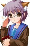  animal_ears book cardigan cat_ears glasses nagato_yuki nullken school_uniform serafuku suzumiya_haruhi_no_yuuutsu 