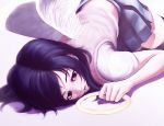  1girl black_hair expressionless halo holding iwai_ryou looking_away lying on_stomach original parted_lips pleated_skirt red_eyes short_sleeves skirt solo thigh-highs torn_clothes vest white_wings wings zettai_ryouiki 