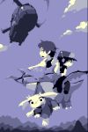  2boys amaya_daisuke baseball_cap blue closed_eyes doukutsu_monogatari dragon facial_mark flying hat headgear helicopter looking_back lowres mimiga monochrome motion_blur mouth_hold multiple_boys official_art open_mouth pixel_art propeller quote riding sakamoto_kazuma sakamoto_sue scar 