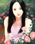  1girl ariko bare_shoulders black_eyes black_hair flower flower_request lips long_hair looking_at_viewer original realistic solo 