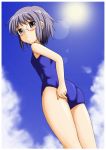  1girl adjusting_clothes adjusting_swimsuit ass blush brown_eyes clouds flat_chest from_below fujimoto_akio glasses grey_hair lens_flare looking_back nagato_yuki one-piece_swimsuit outdoors school_swimsuit short_hair sky solo standing sun suzumiya_haruhi_no_yuuutsu swimsuit thighs 
