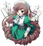  00s 1girl :d bangs blush brown_hair copyright_name corset dress drill_hair flat_chest flower frills green_dress green_eyes hat heterochromia lolita_fashion long_hair long_sleeves looking_at_viewer open_mouth red_eyes ribbon rozen_maiden shinshin smile solo straightchromia suiseiseki twin_drills twintails very_long_hair white_background 
