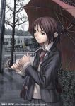  1girl bag brown_eyes brown_hair building bush fence holding holding_umbrella jacket jumpei necktie original pleated_skirt railing rain road road_sign school_uniform shoulder_bag sidewalk sign skirt solo street sweater_vest tree umbrella 