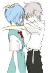  1boy 1girl ^_^ arms_around_neck ayanami_rei belt blue_hair bow bowtie closed_eyes hand_on_another&#039;s_head hug looking_down nagisa_kaworu neon_genesis_evangelion pants red_bow red_eyes school_uniform shirt short_sleeves simple_background smile white_background white_shirt 