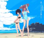  2girls age_difference arm_up artist_name bangs barefoot beach bikini black_bikini black_hair blue_eyes blue_sky blue_swimsuit blush bow breasts child clouds covered_navel dated duplicate feet flat_chest grin gun halterneck hat hat_bow holding legs light_smile long_hair long_legs looking_at_viewer lowleg lowleg_bikini medium_breasts multiple_girls navel ocean one-piece_swimsuit orange_hair outdoors red_eyes refeia rock short_hair sky slender_waist small_breasts smile sports_bikini standing straw_hat swimsuit transparent trigger_discipline turtleneck water water_gun weapon 