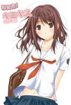  1girl arms_behind_back bag big_wednesday brown_eyes brown_hair copyright_name hair_ornament hairclip hoshino_yuumi kimi_kiss looking_at_viewer messy_hair midriff navel school_uniform serafuku shoulder_bag solo 