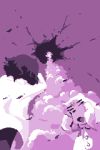  1girl amaya_daisuke buttons closed_eyes covering_ears covering_eyes doukutsu_monogatari hole itoh labcoat liftoff long_sleeves lowres monochrome official_art open_mouth original pixel_art purple rocket sakamoto_momorin smoke wince 