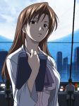  00s 1girl breasts brown_hair chair cityscape clipboard frown full_moon horibe_hiderou interlude labcoat large_breasts long_hair marufuji_izumi monitor moon night night_sky office_chair sitting sky solo standing upper_body window 