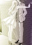 1boy 1girl against_wall arm_support brick_wall couple dress hetero high_heels itou_keiichi legs outdoors shoes smirk 